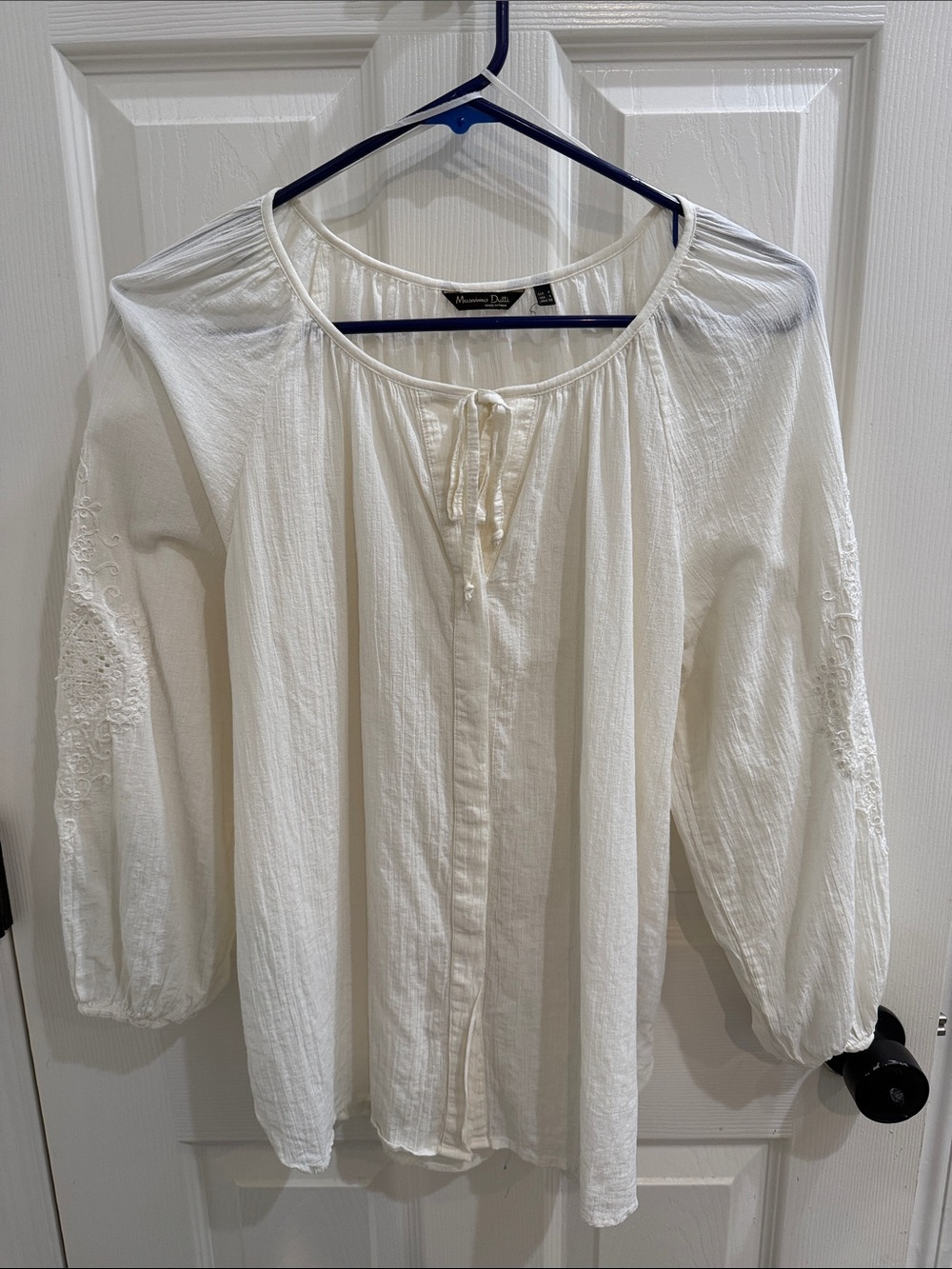 Massimo Dutti Cream Tie-Neck Peasant Blouse